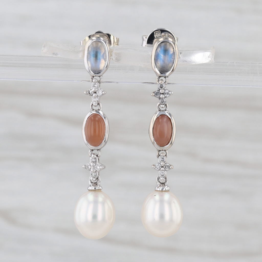 Moonstone Diamond Cultured Pearl Dangle Earrings 14k White Gold Drops