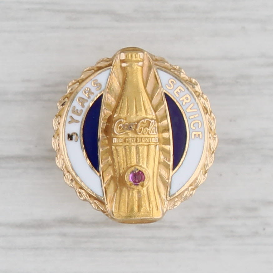 Gray Coca-Cola 5 Years Service Award Pin 10k Yellow Gold Lab Created Ruby Coke Bottle