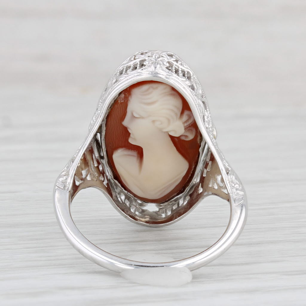 Light Gray Vintage Filigree Cameo Onyx Flip Ring 14k White Gold Size 6 Carved Shell Onyx