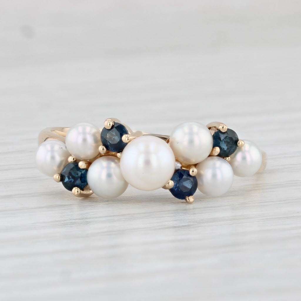 Light Gray Cultured Pearl Blue Sapphire Cluster Ring 14k Yellow Gold Size 9