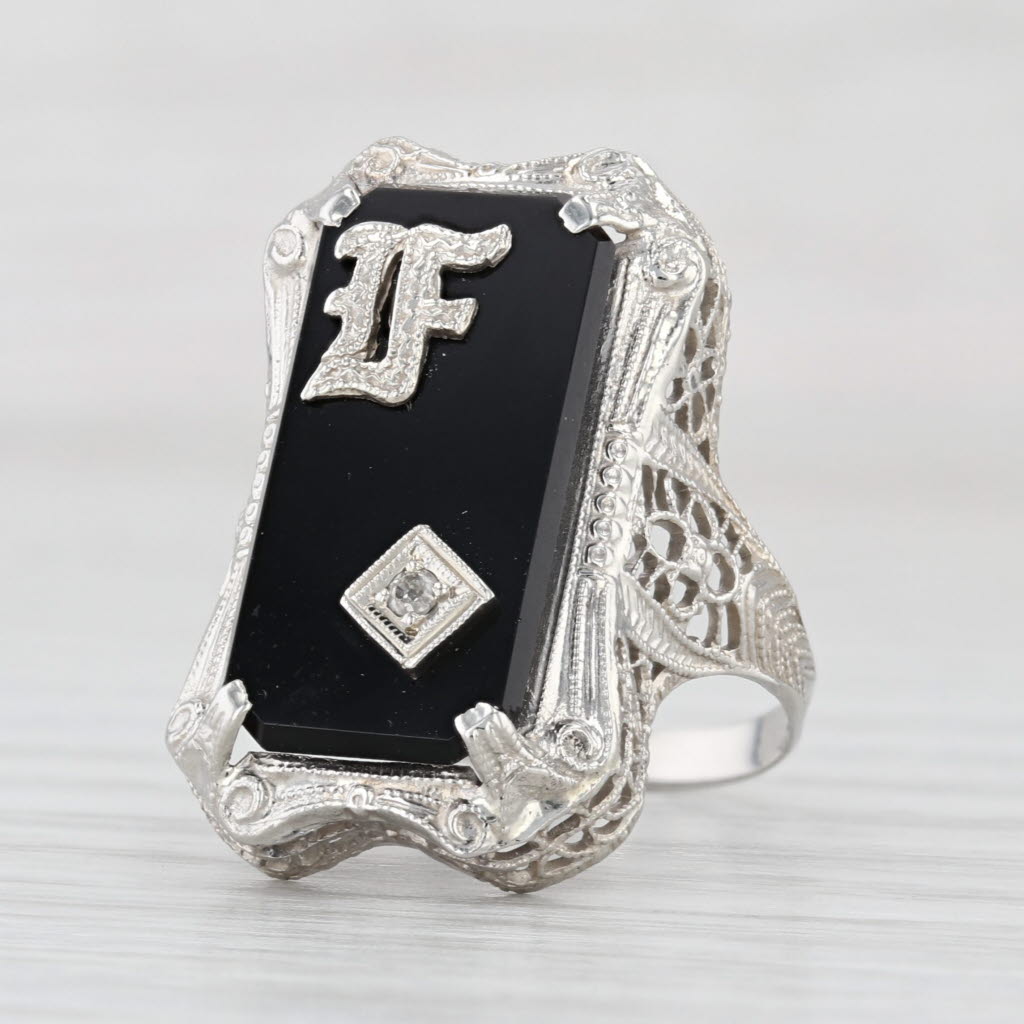 Vintage Onyx Diamond Letter Initial F Art Deco Ring 14k White Gold Size 5.25