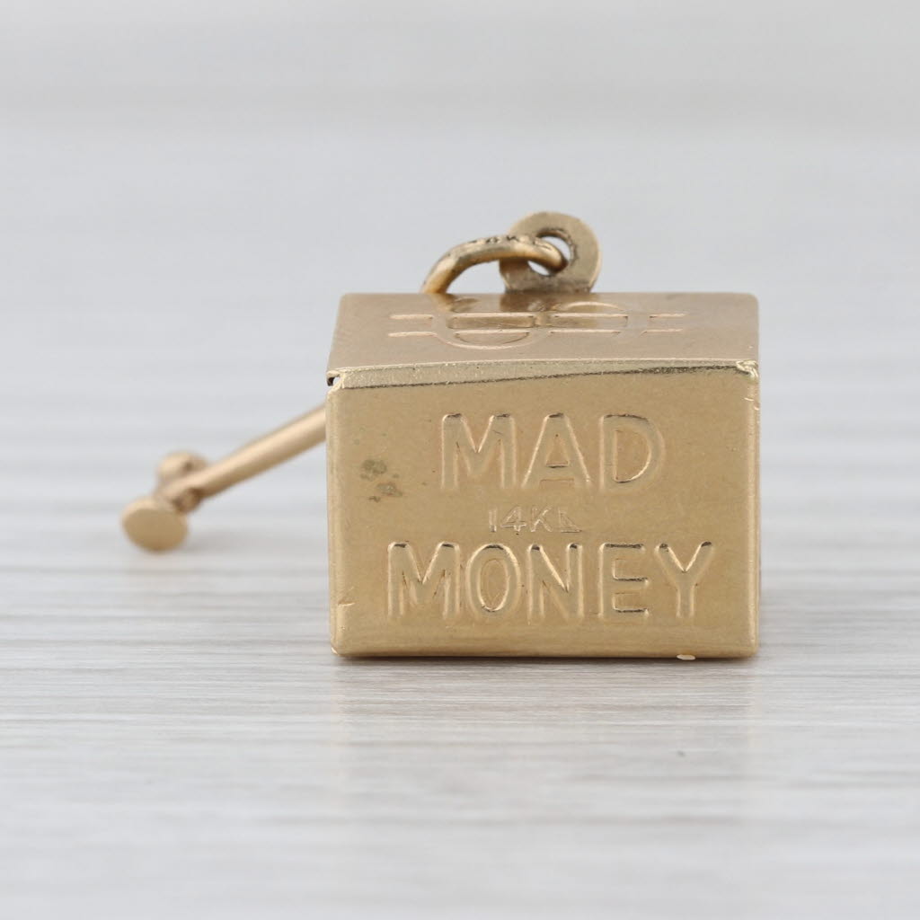 Vintage Emergency Money Dollar Bill in Box Pendant 14k Yellow Gold Charm