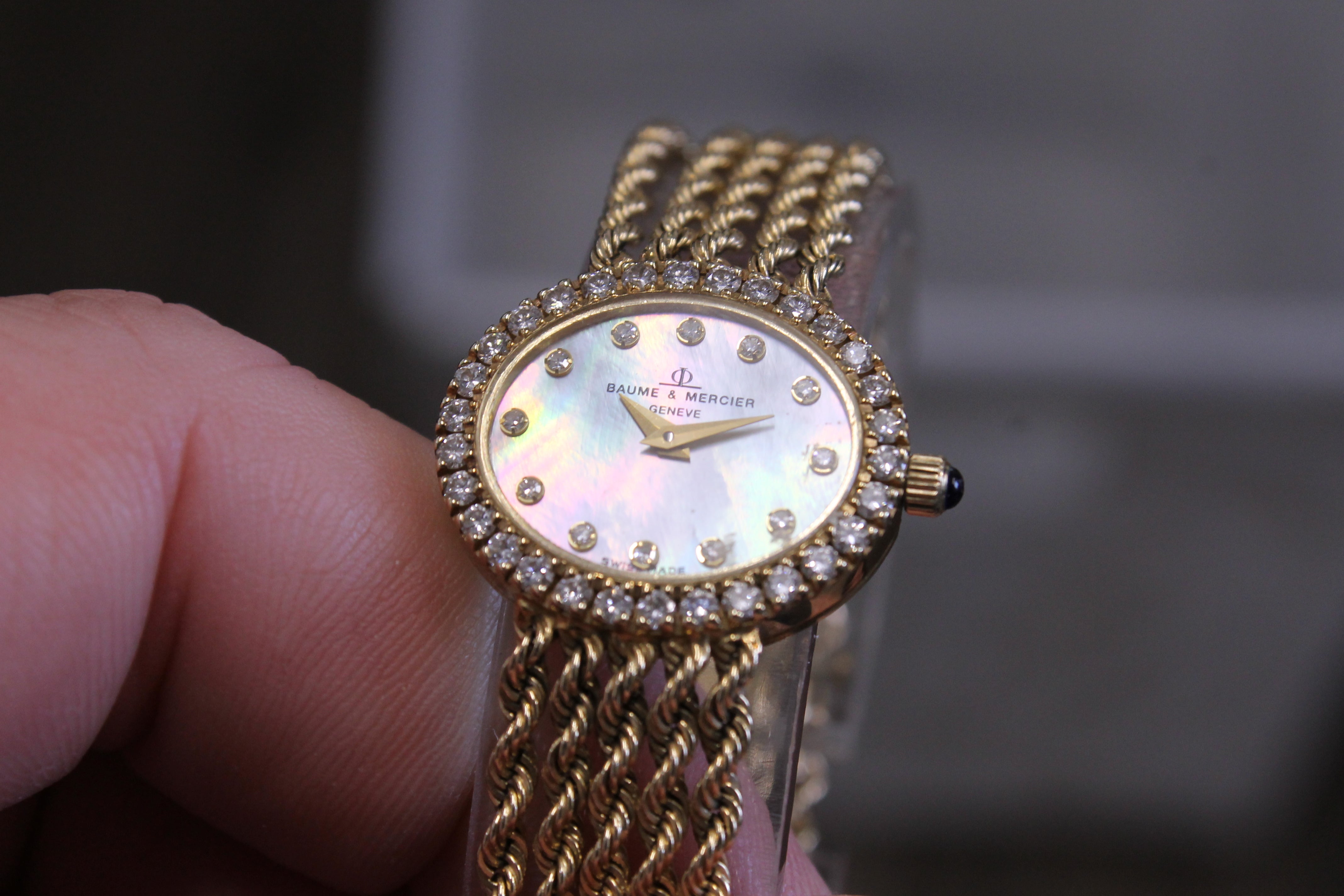 Vintage Baume & Mercier 14k Yellow Gold Ladies MOP & Diamond Rope Dress Watch