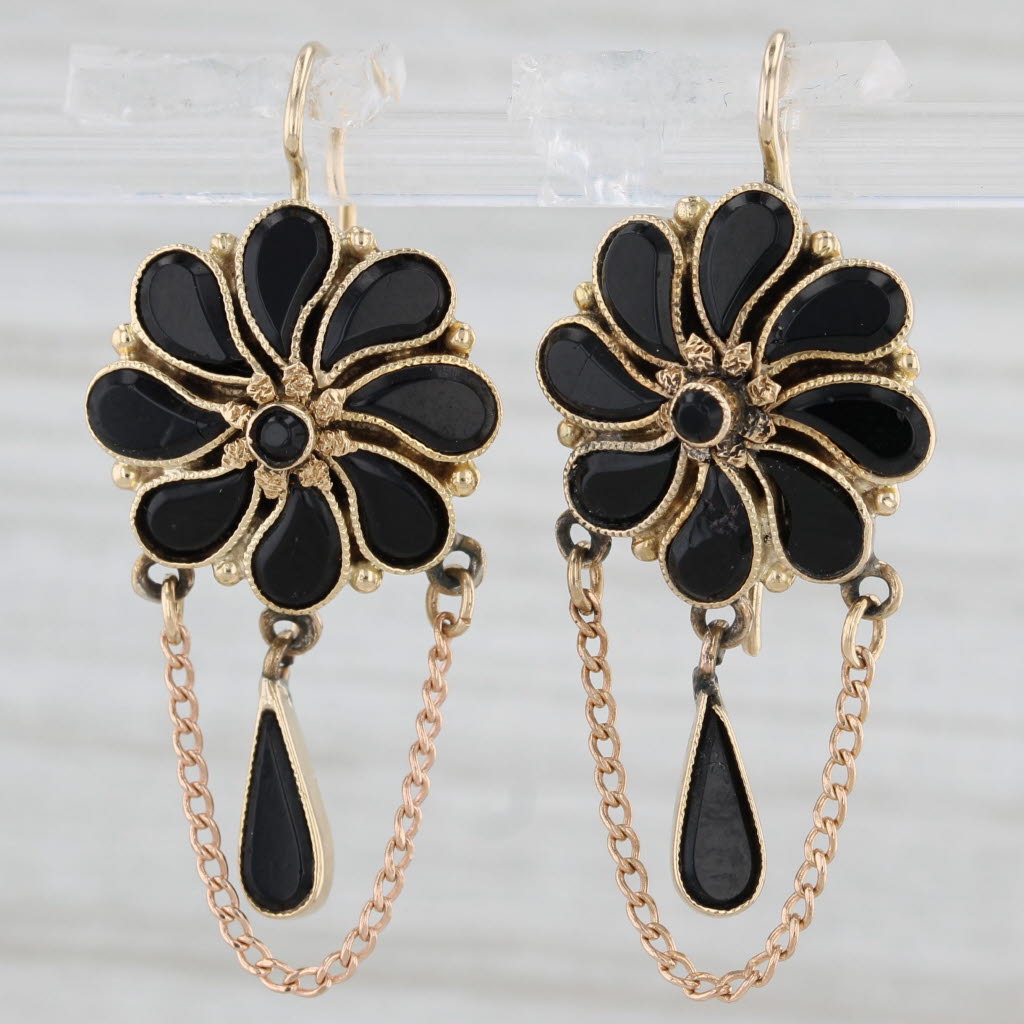 Light Gray Antique Black Glass Flower Drop Earrings 12k Yellow Gold Hook Posts