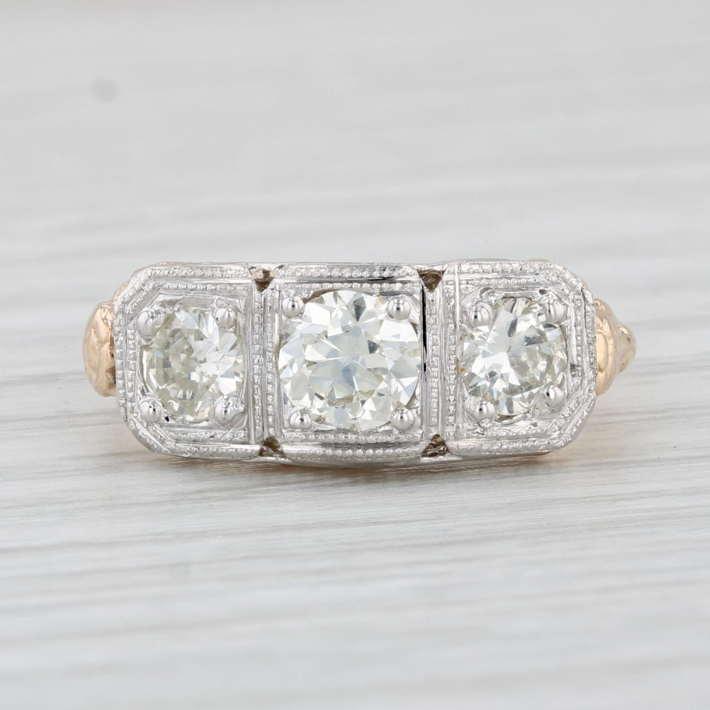 Light Gray Vintage 1.11ctw 3-Stone Diamond Ring 10k 14k Gold Size 8.25 Floral Filigree