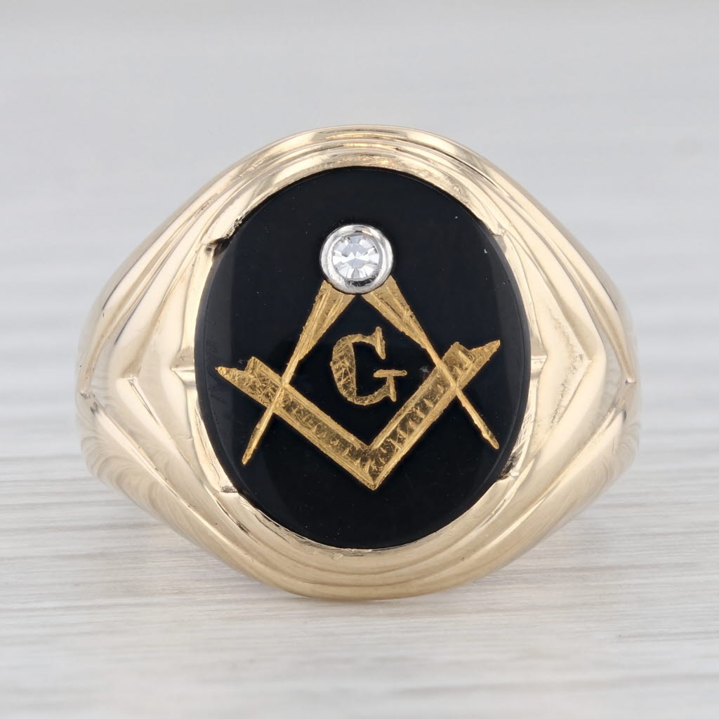 Light Gray Vintage Gold Gilt Masonic Signet Ring 10k Diamond Onyx Blue Lodge Square Compass