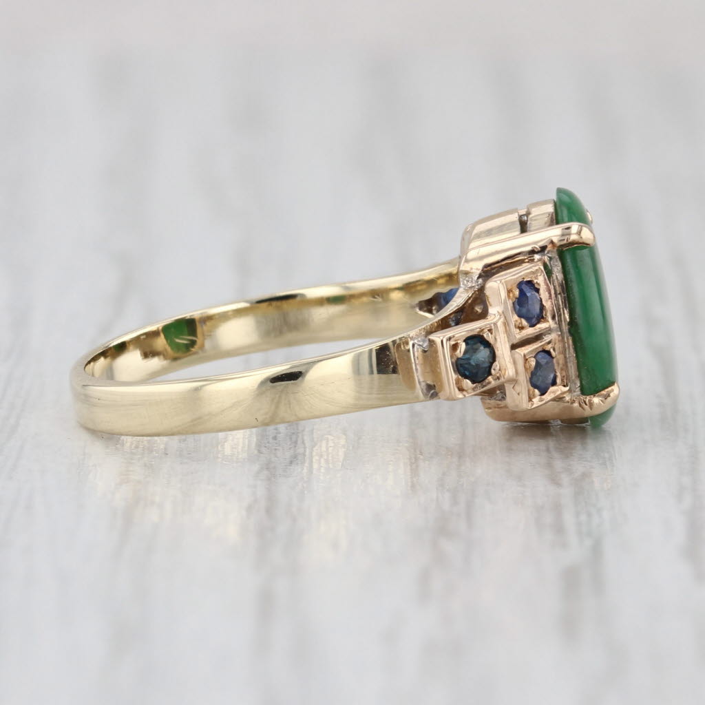 Vintage Green Jadeite Jade Blue Sapphire Ring 14k Yellow Gold Size 6.75
