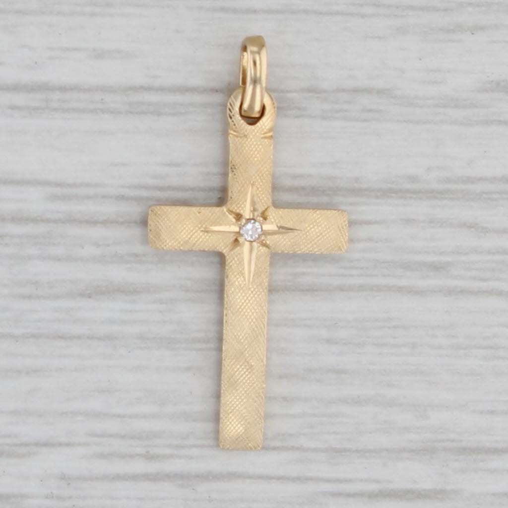 Gray Brushed Diamond Cross Pendant 14k Yellow Gold Religious Jewelry