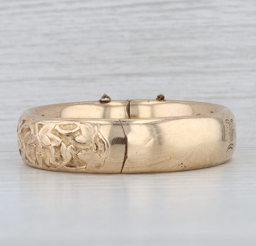 Vintage Floral Dragonfly Engraved Bangle Bracelet Gold Filled 7" Monogrammed