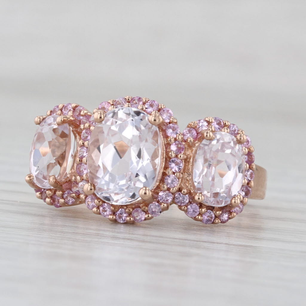 5ctw Pink Oval Kunznite Sapphire Halo 3-Stone Ring 10k Rose Gold Size 7.75