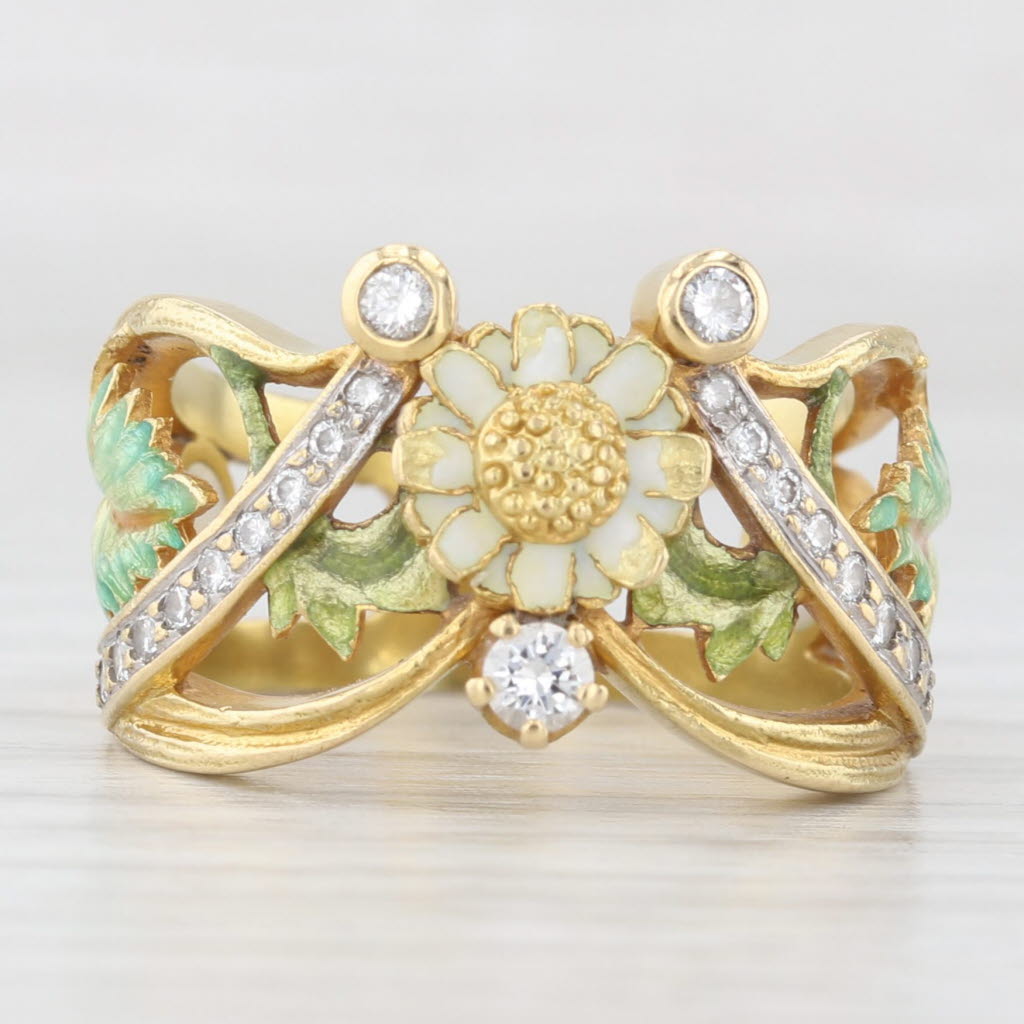 Light Gray Masriera 0.47ctw Diamond Flower Ring 18k Yellow Gold Enamel Size 6.5 Statement