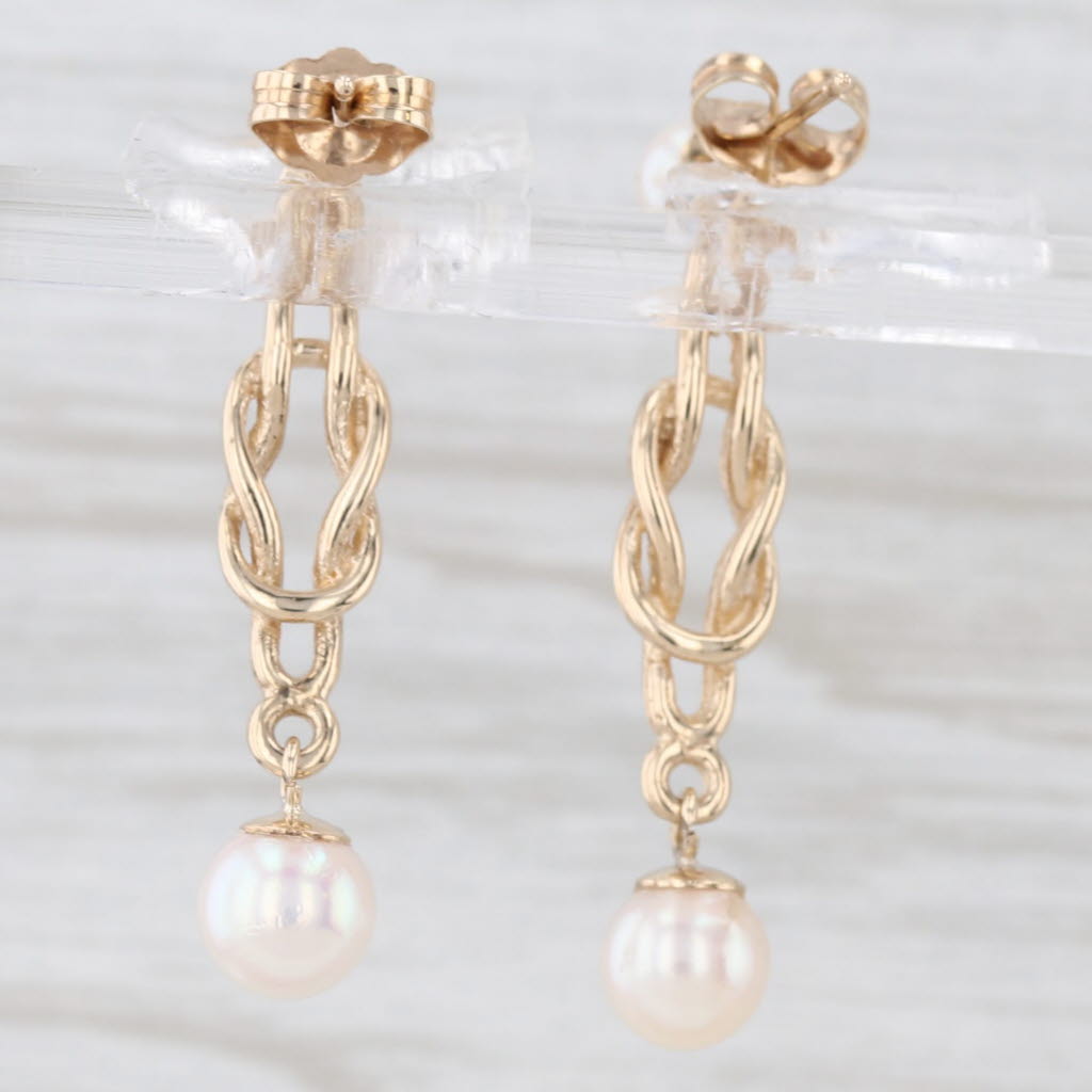 Light Gray Vintage Saltwater Cultured Pearl Dangle Earrings 9k Yellow Gold Knot Drops