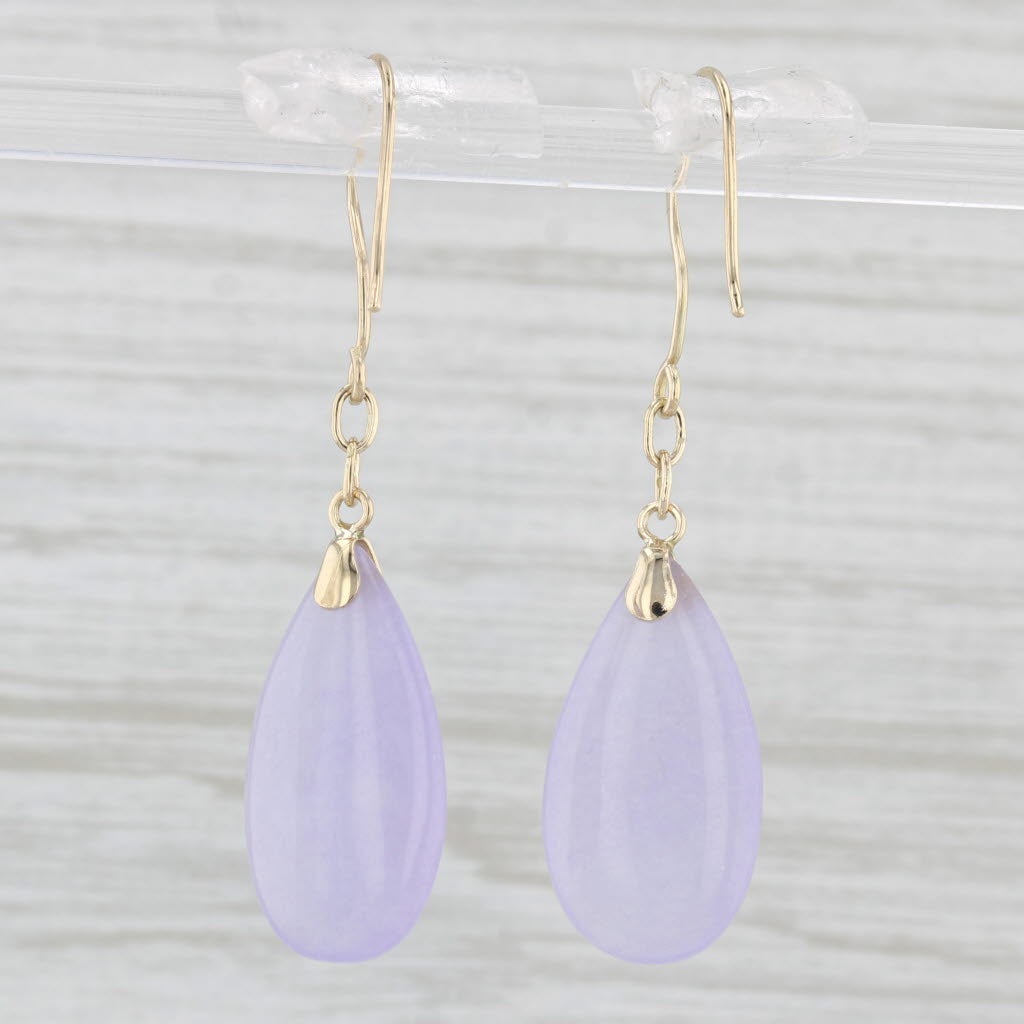 Light Gray Dyed Lavender Chalcedony Dangle Earrings 14k Yellow Gold Hook Posts