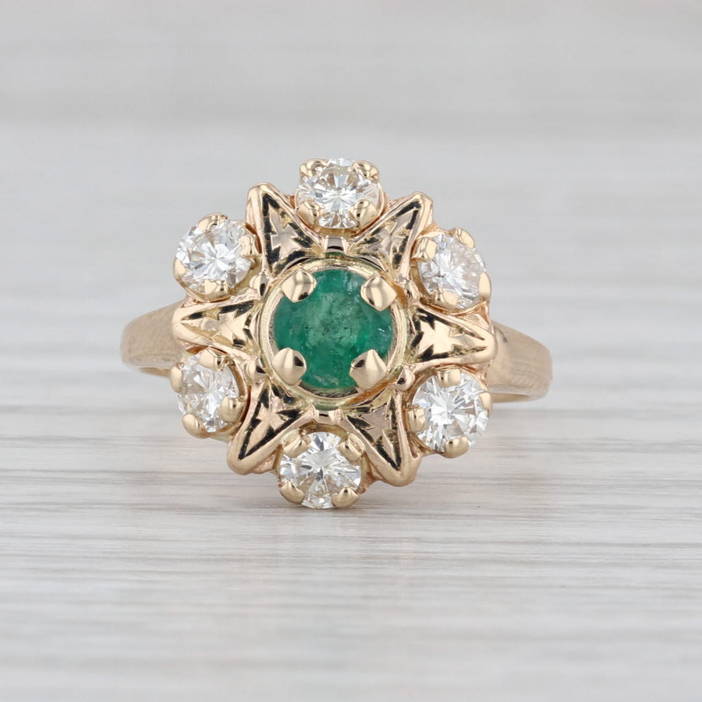 Antique Emerald Diamond Halo Star Ring 14k Yellwo Gold Size 6.25