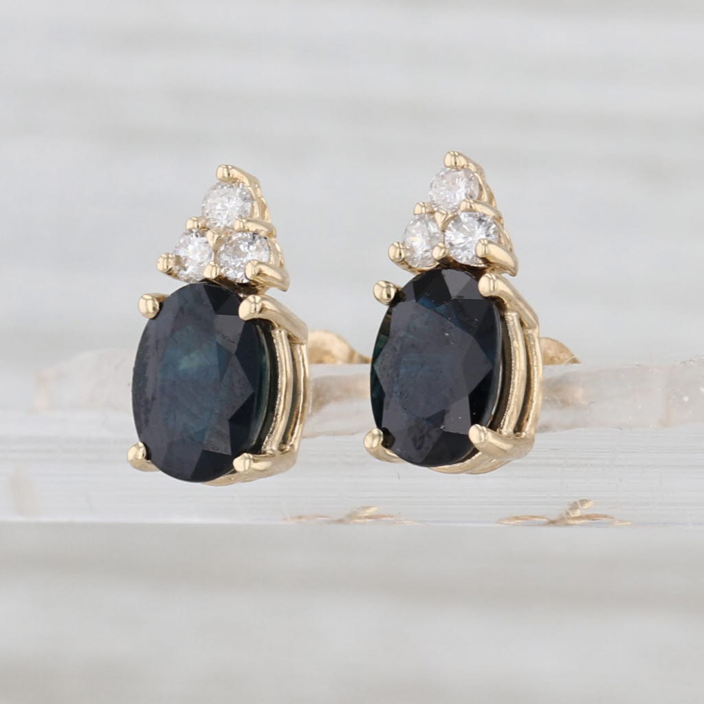 1.95ctw Blue Sapphire Diamond Stud Earrings 14k Yellow Gold Oval Studs