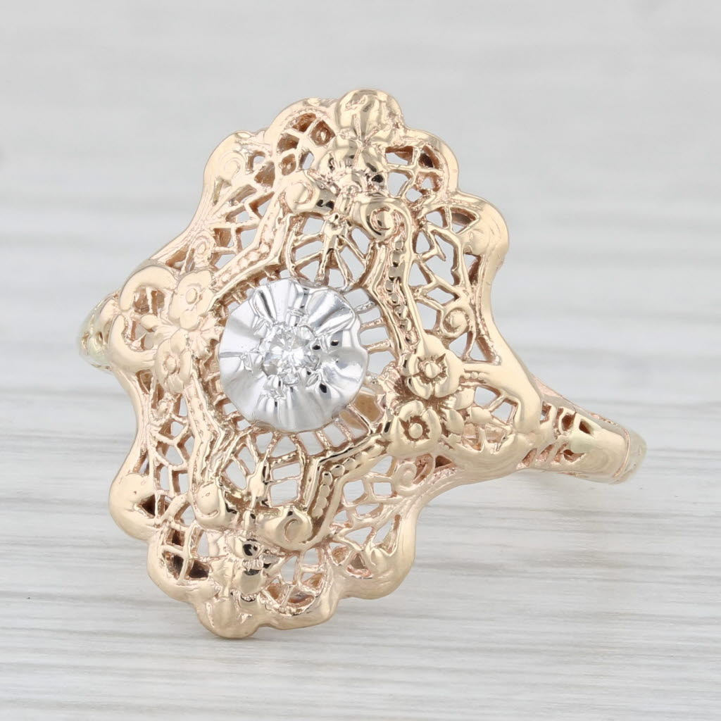 Light Gray Vintage Diamond Filigree Ring 14k Yellow Gold Size 8.5