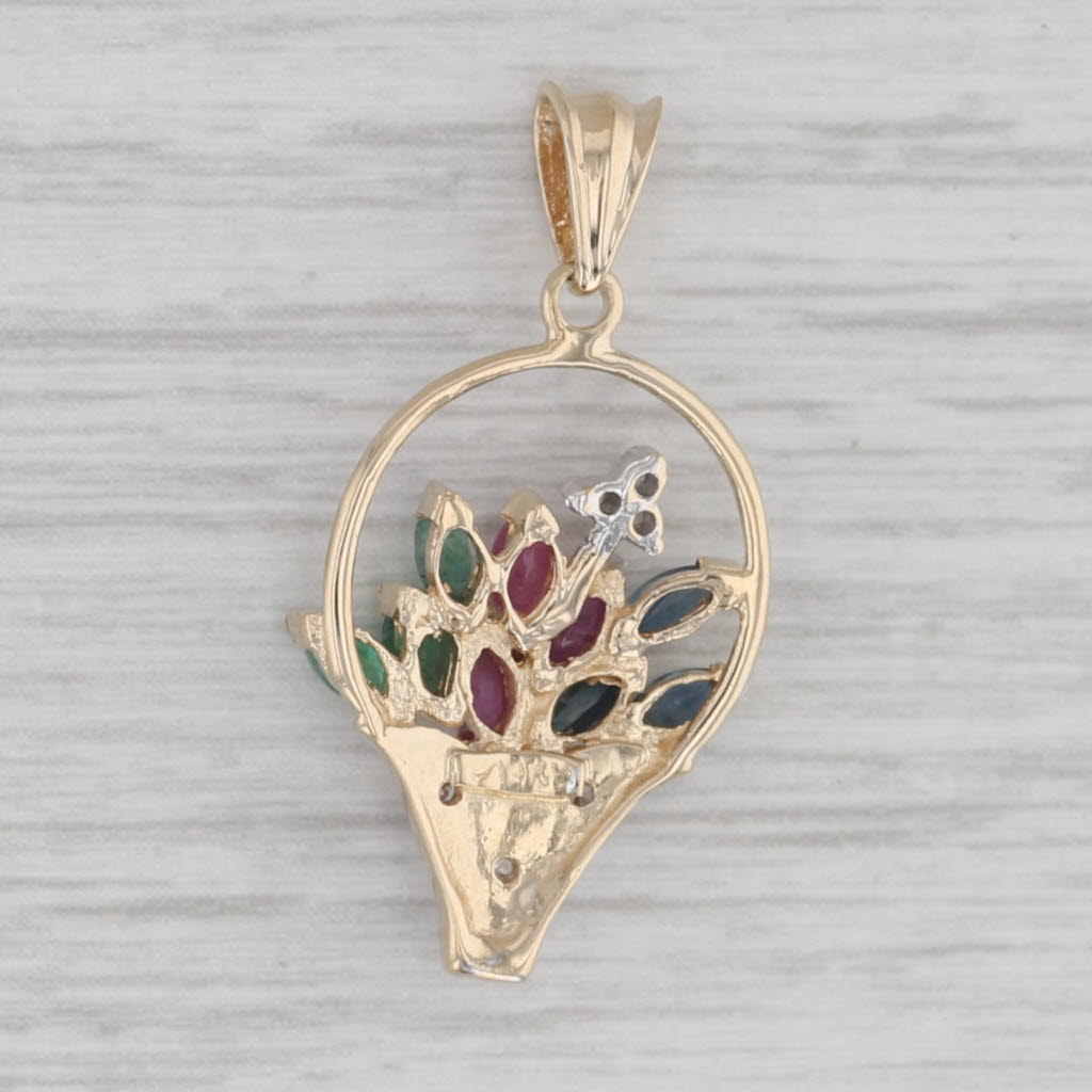 Gray 0.62ctw Gemstone Diamond Flower Basket Bouquet Pendant 14k Yellow Gold