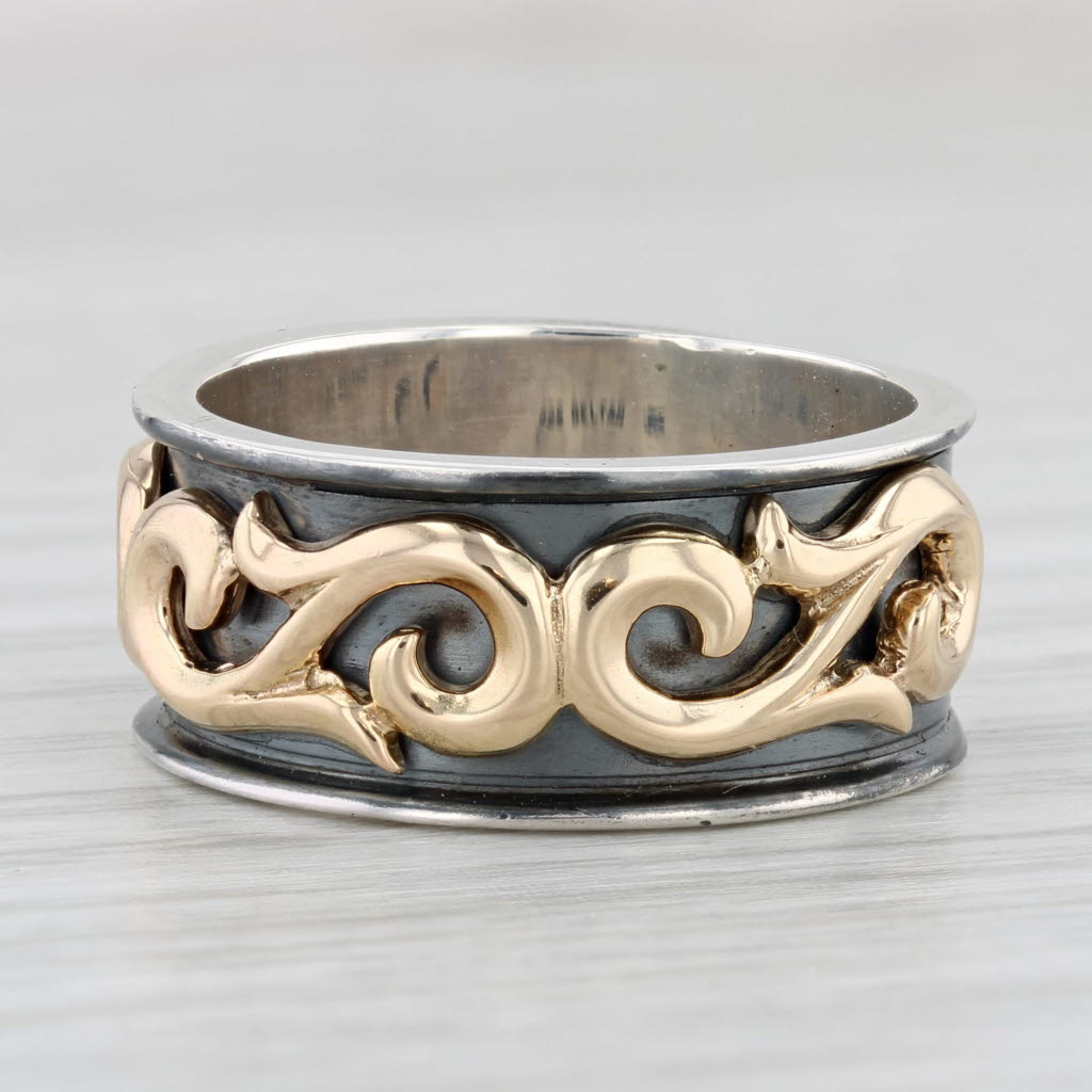 Light Gray Ornate Scroll Work Ring 14k Gold Sterling Silver Size 8 Band