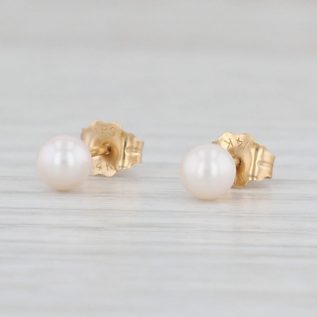 Light Gray New Cultured Pearl Stud Earrings 14k Yellow Gold 4.2mm Round Bead Solitaires