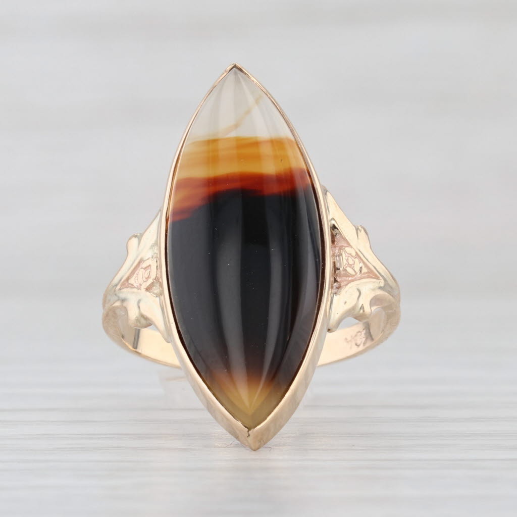 Vintage Chalcedony Agate Navette Solitaire Ring 10k Yellow Gold Size 8.5