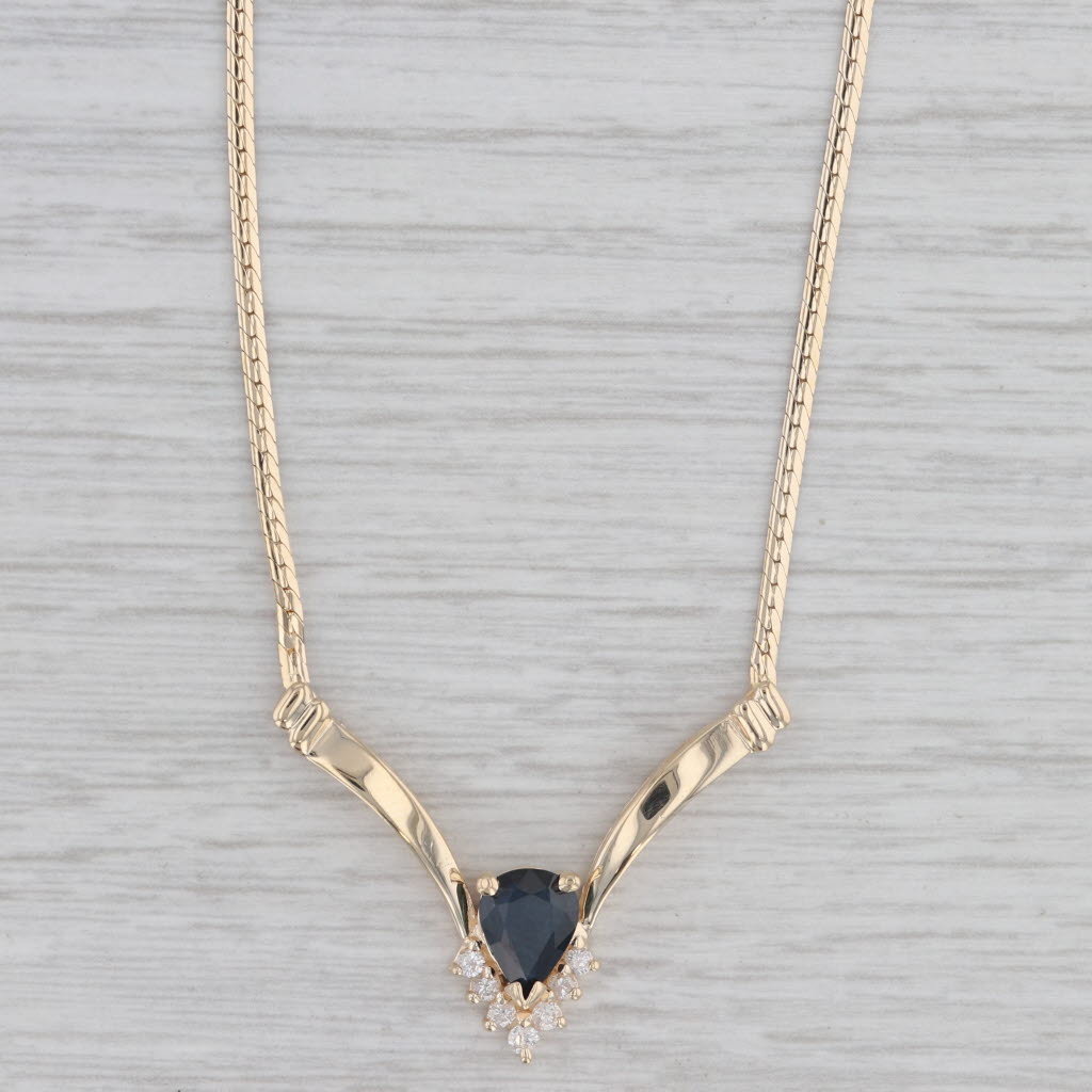 Gray 1.18ctw Blue Sapphire Diamond V Necklace 14k Yellow Gold 17" Herringbone Chain