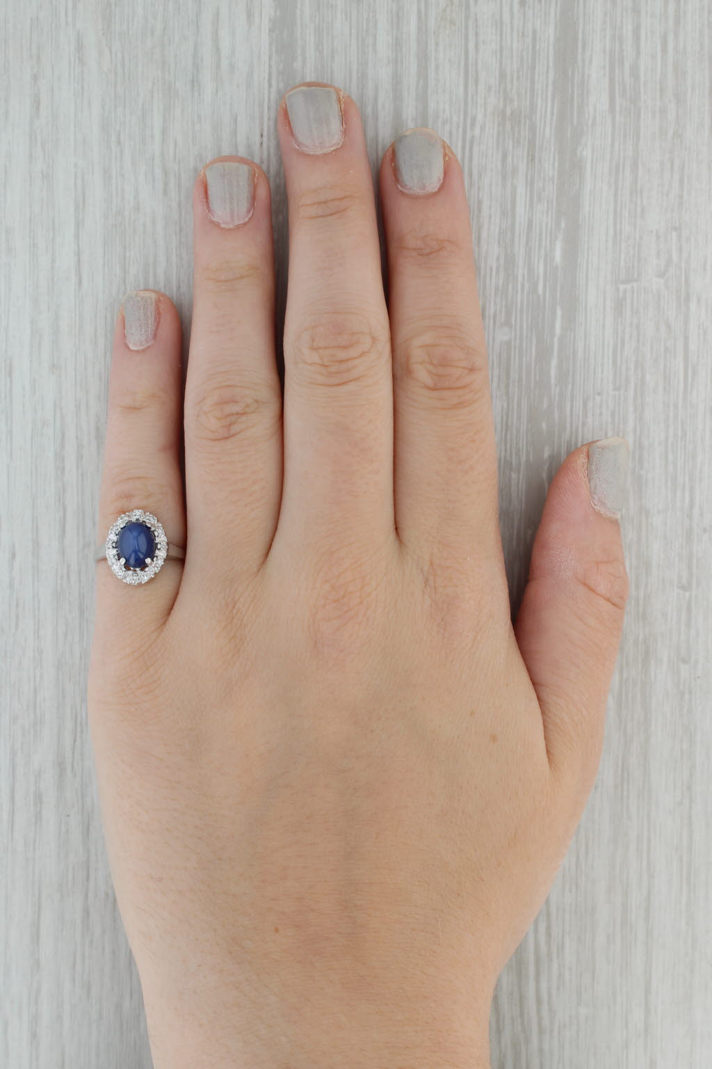 Dark Gray Lab Created Star Sapphire Diamond Halo Ring 14k White Gold Sz 6.25 Oval Cabochon