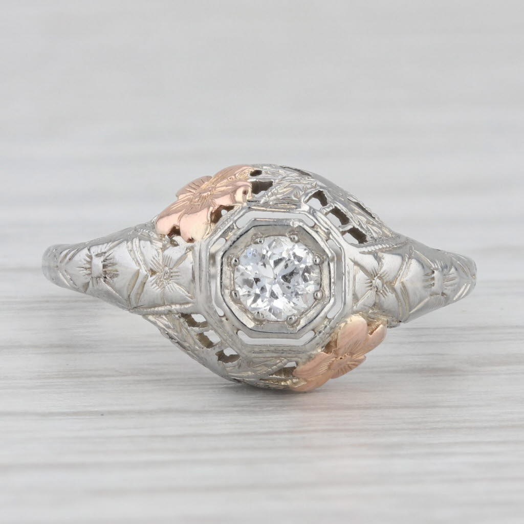 Light Gray Art Deco 0.20ct Diamond Solitaire Ring 18k White Rose Gold Floral Filigree Sz 5