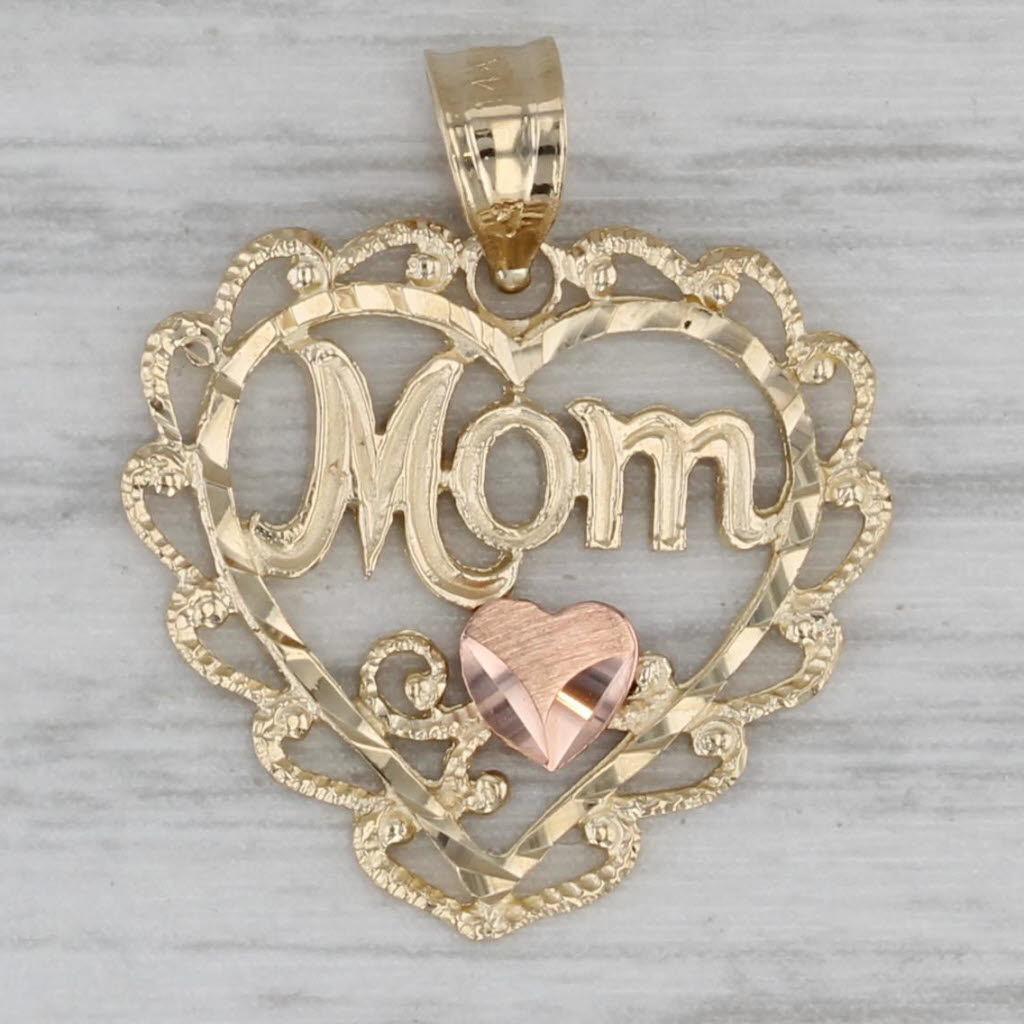 Gray Mom Heart Pendant 14k Yellow Rose Gold Small Gift Keepsake