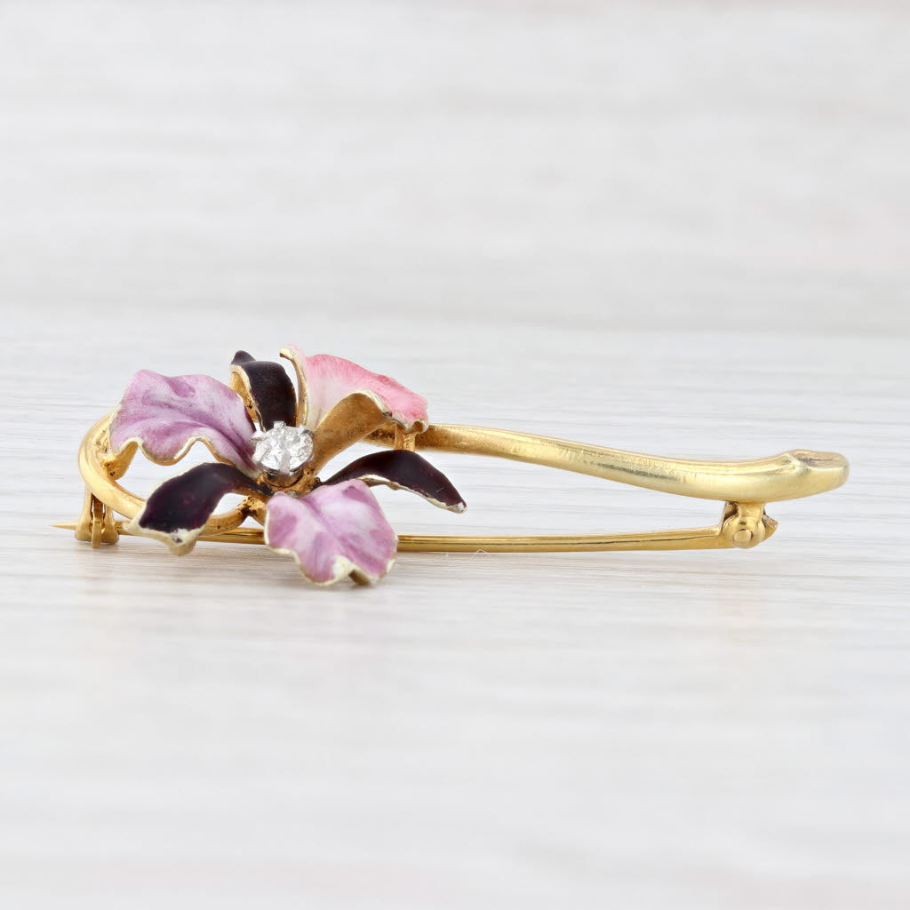 Lavender Vintage 0.10ct Diamond Enamel Flower Brooch 14k Yellow Gold Floral Bar Pin