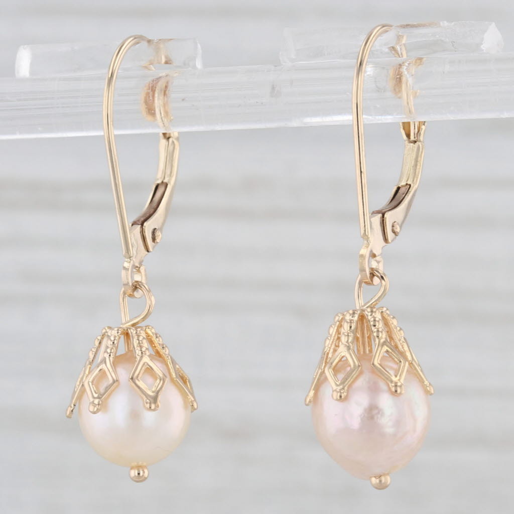 Light Gray Vintage Cultured Pearl Dangle Earrings 14k Yellow Gold Lever Back