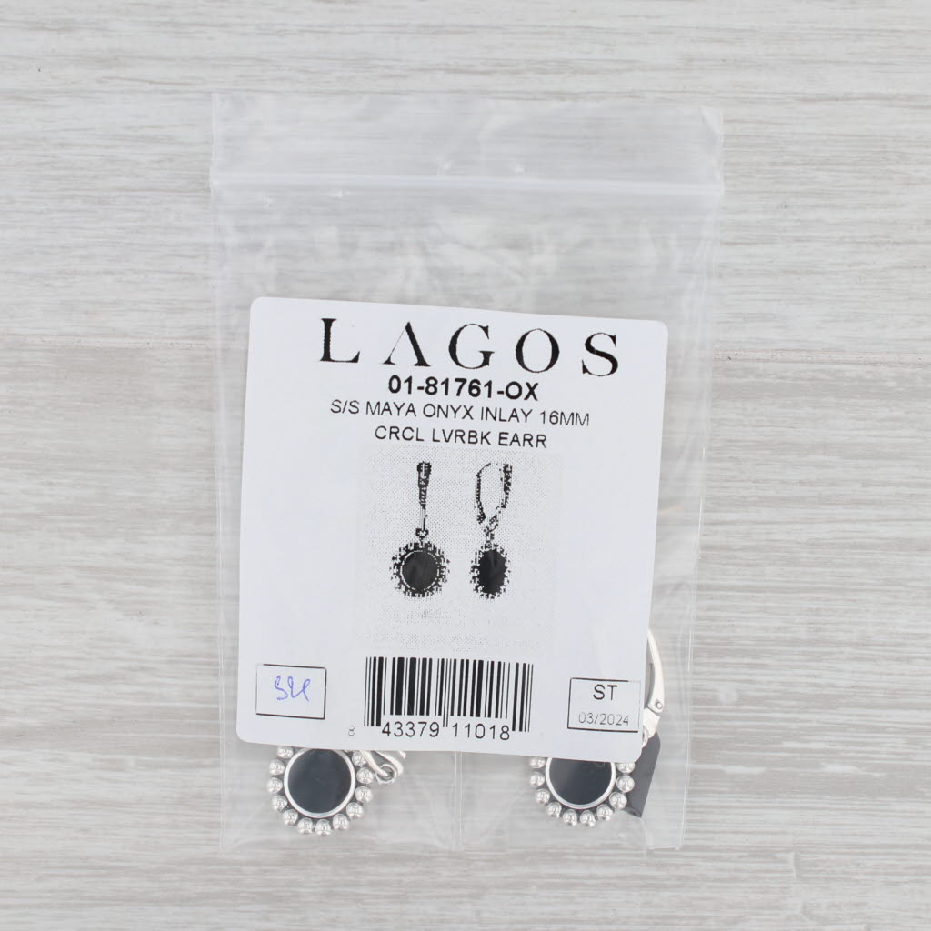 Light Gray New Lagos Maya Small Onyx Circle Drop Earrings Sterling Silver Pouch Tags Cloth