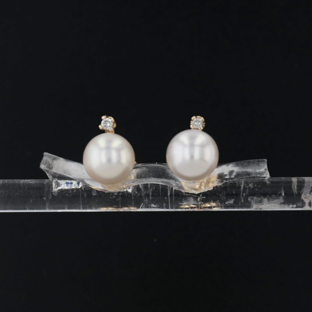 6.2mm Cultured Pearl Diamond Stud Earrings 14k Yellow Gold Small Studs