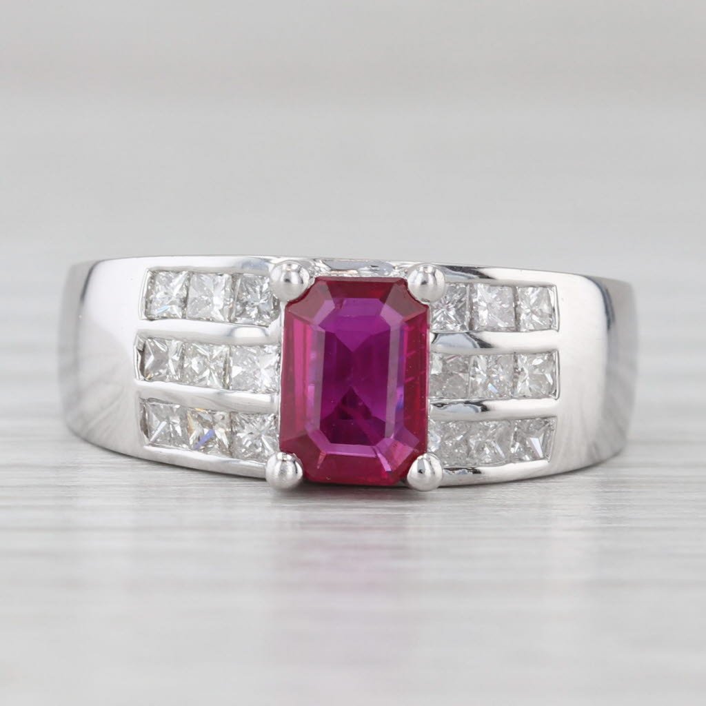 Light Gray 1.55ctw Emerald Cut Ruby Diamond Ring 18k White Gold Size 6.5