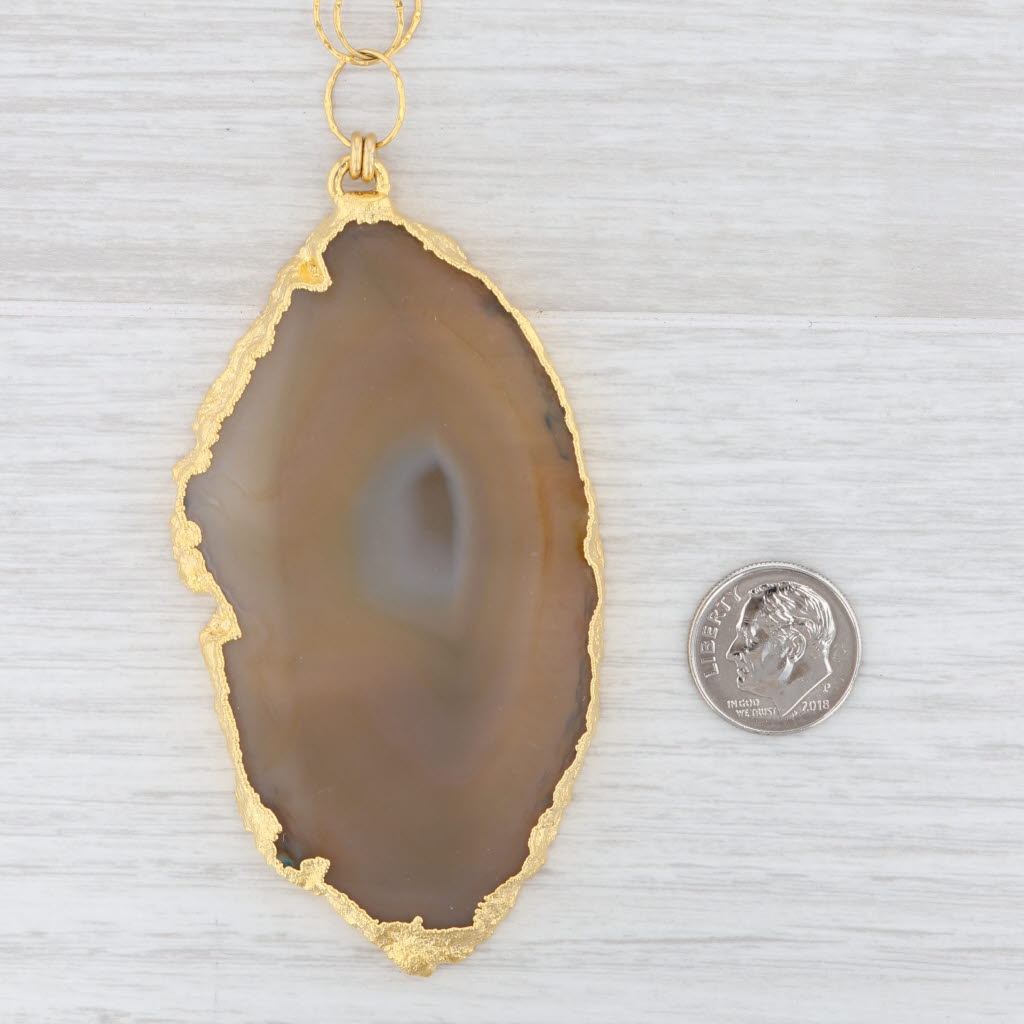New Nina Wynn Agate Slice Statement Pendant Necklace Sterling Gold Vermeil 30"