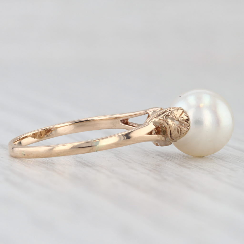 Light Gray Cultured Pearl Solitaire Ring 14k Yellow Gold Size 7 Leaf Accents