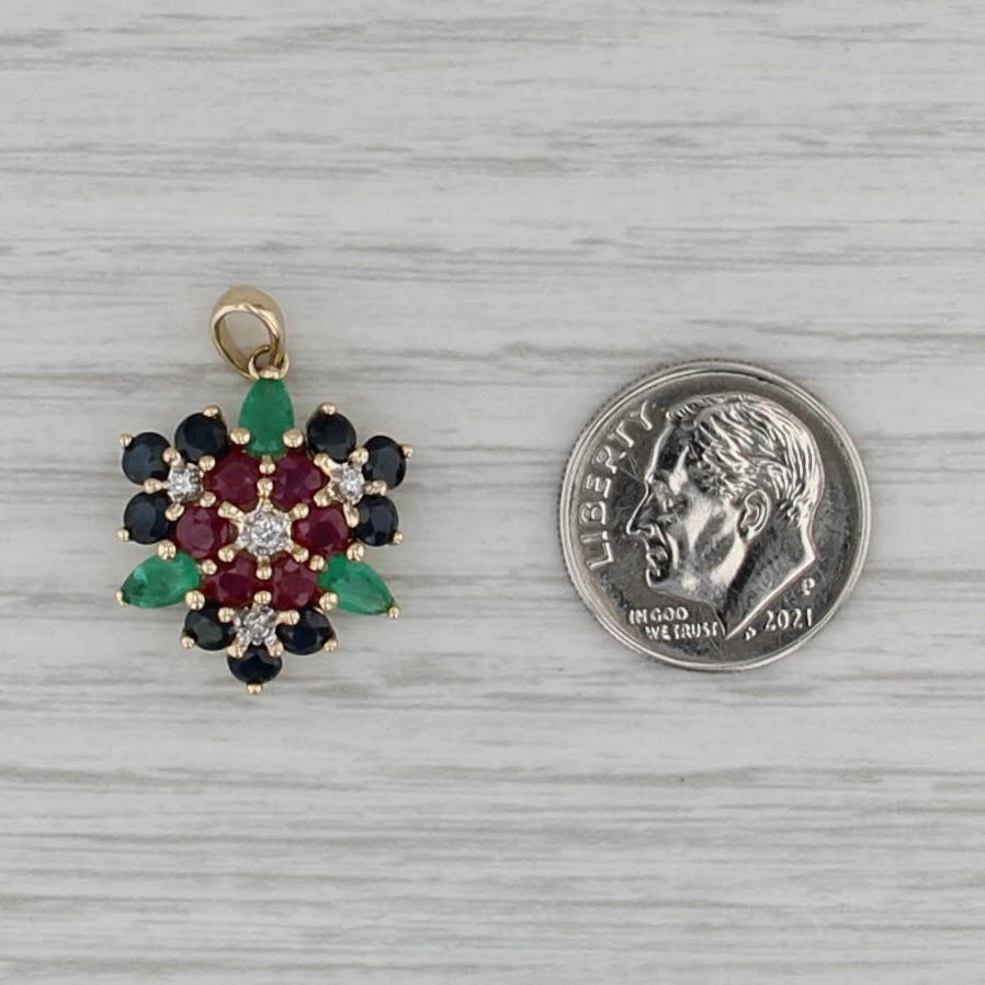 2.78ctw Ruby Sapphire Emerald Diamond Gemstone Flower Pendant 14k Yellow Gold