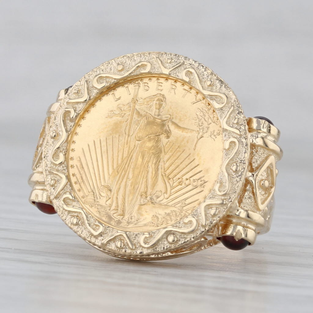 2002 American Gold Eagle Coin Ring 14k 22k Gold 1/10oz $5 Garnets Size 7.25