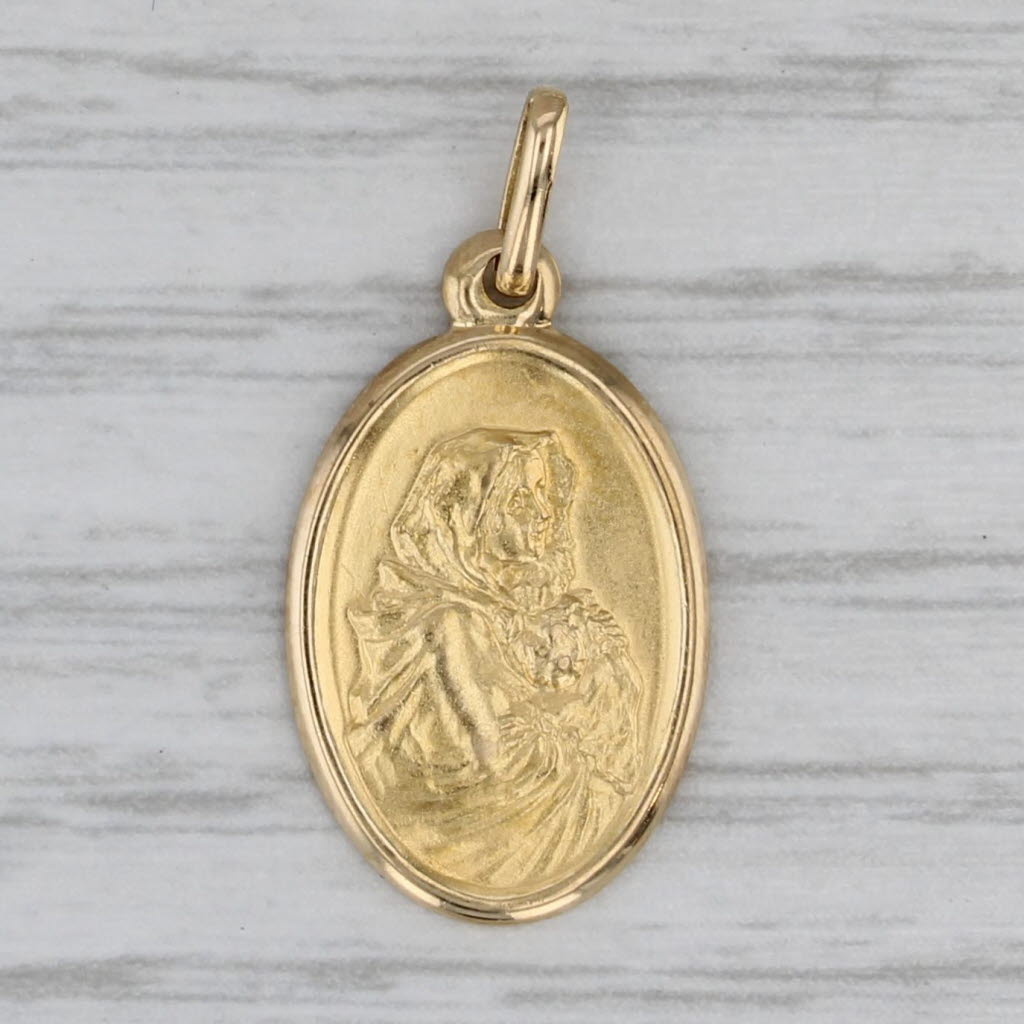 Gray Virgin Mother Mary Holding Jesus Pendant 18k Yellow Gold Italian Prayer Charm