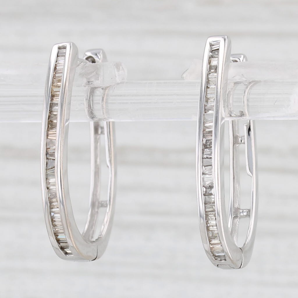 Light Gray 0.24ctw Diamond Oval Hoop Earrings 10k White Gold Hinged Snap Top