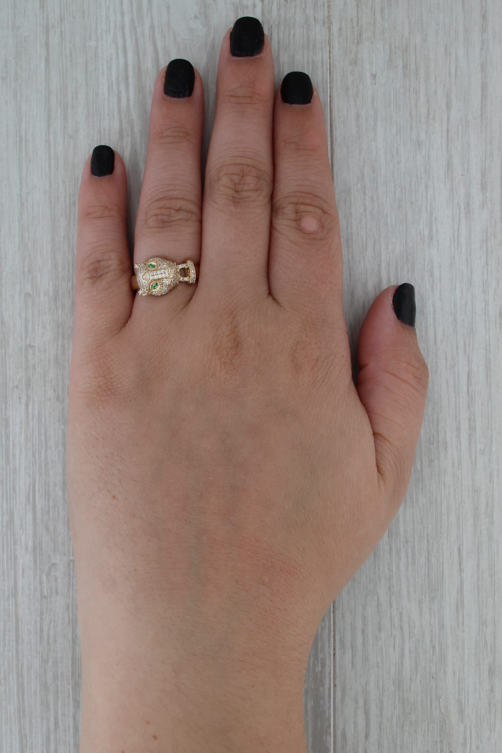 0.29ctw Diamond Panther Door Knocker Ring 10k Yellow Gold Emerald Eyes Size 7.25