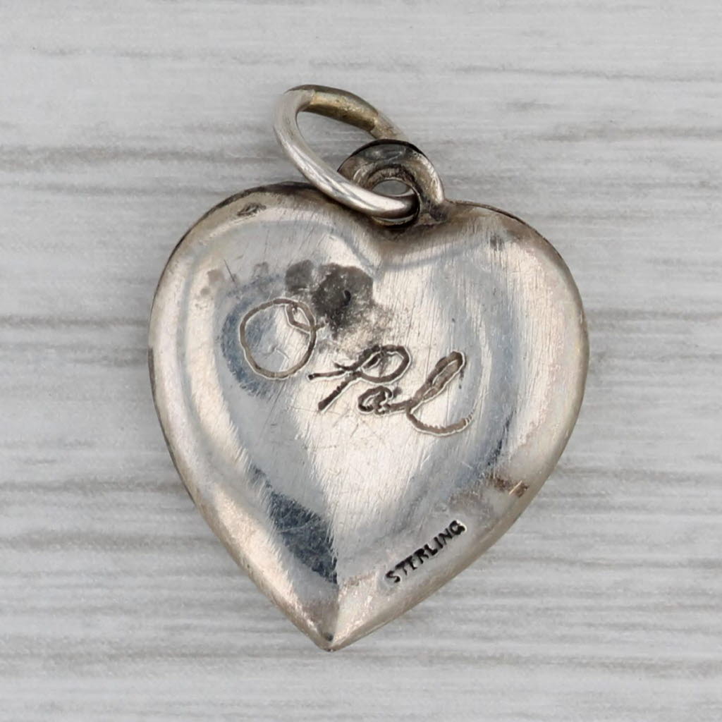 Gray Vintage Floral Puffy Heart Charm Sterling Silver Pendant