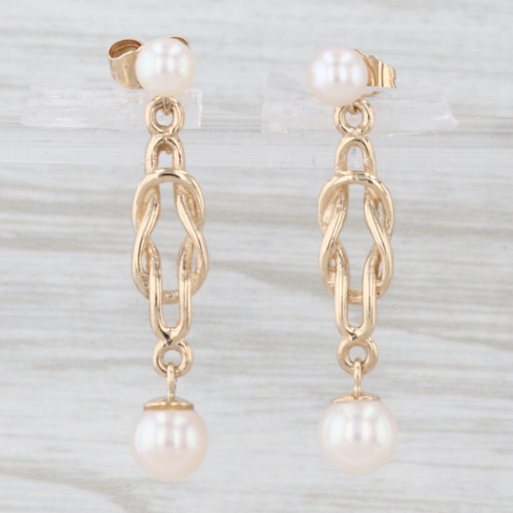 Light Gray Vintage Saltwater Cultured Pearl Dangle Earrings 9k Yellow Gold Knot Drops