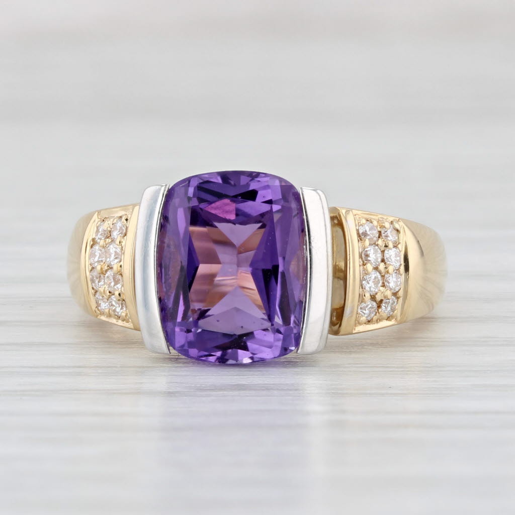 Light Gray 3.09ctw Cushion Amethyst Diamond Ring 18k Yellow Gold Size 6.25