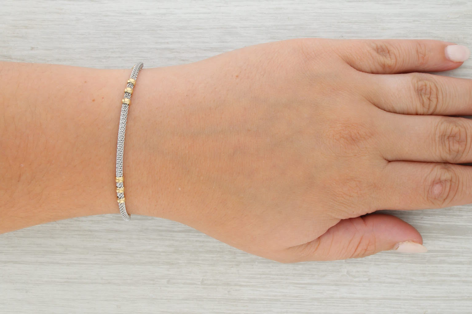 Mesh Chain Bead Bracelet 7" 18k White & Yellow Gold 3.5mm