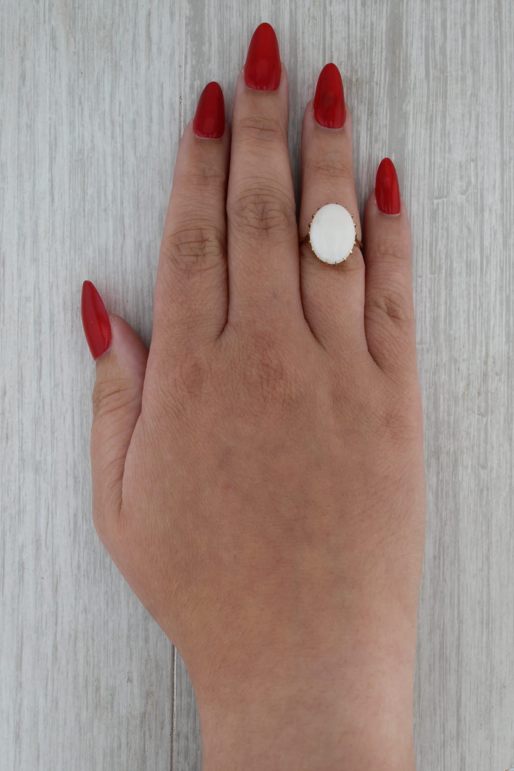 Oval Cabochon White Opal Solitaire Ring 18k Yellow Gold Size 5.75