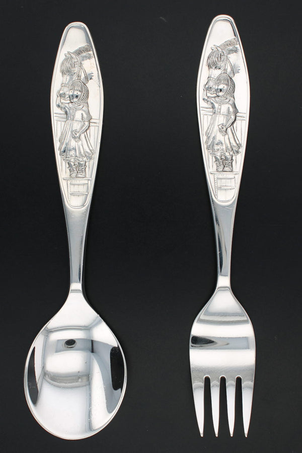 Light Gray Girl Grooming Horse Elk Child's Spoon Fork Set Sterling Silver Period Figural