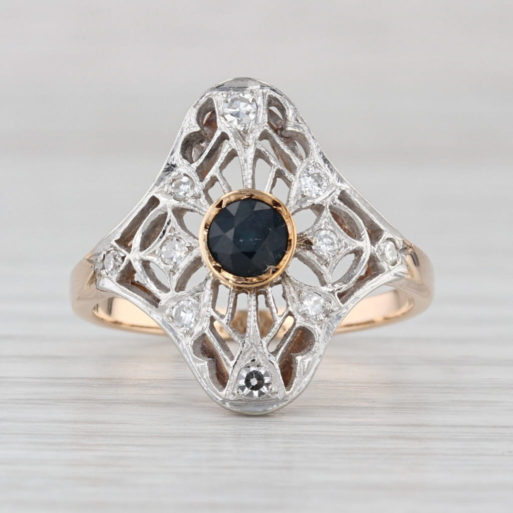 Vintage 0.52ctw Blue Sapphire Diamond Openwork Ring 18k White Yellow Gold Size 7