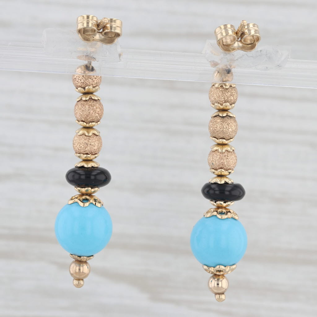 Light Gray Faro Italy Simulated Turquoise Onyx Bead Strand Dangle Earrings 14k Yellow Gold