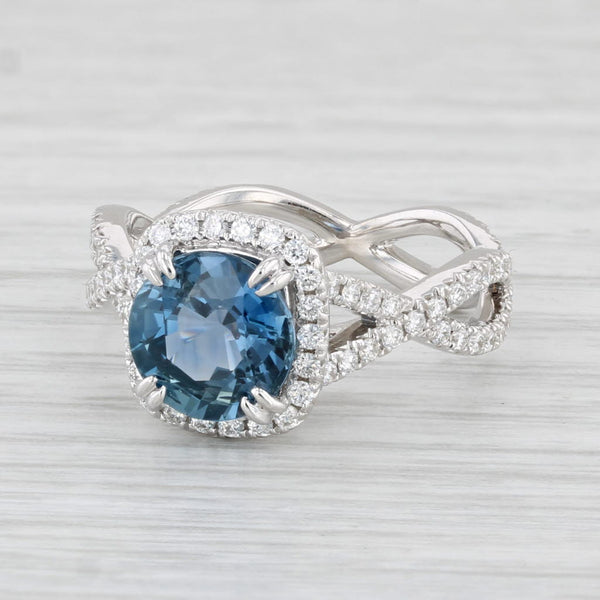 New 3.13ctw Blue Sapphire Diamond Halo Engagement Ring 14k White Gold Sz 6.5 GIA