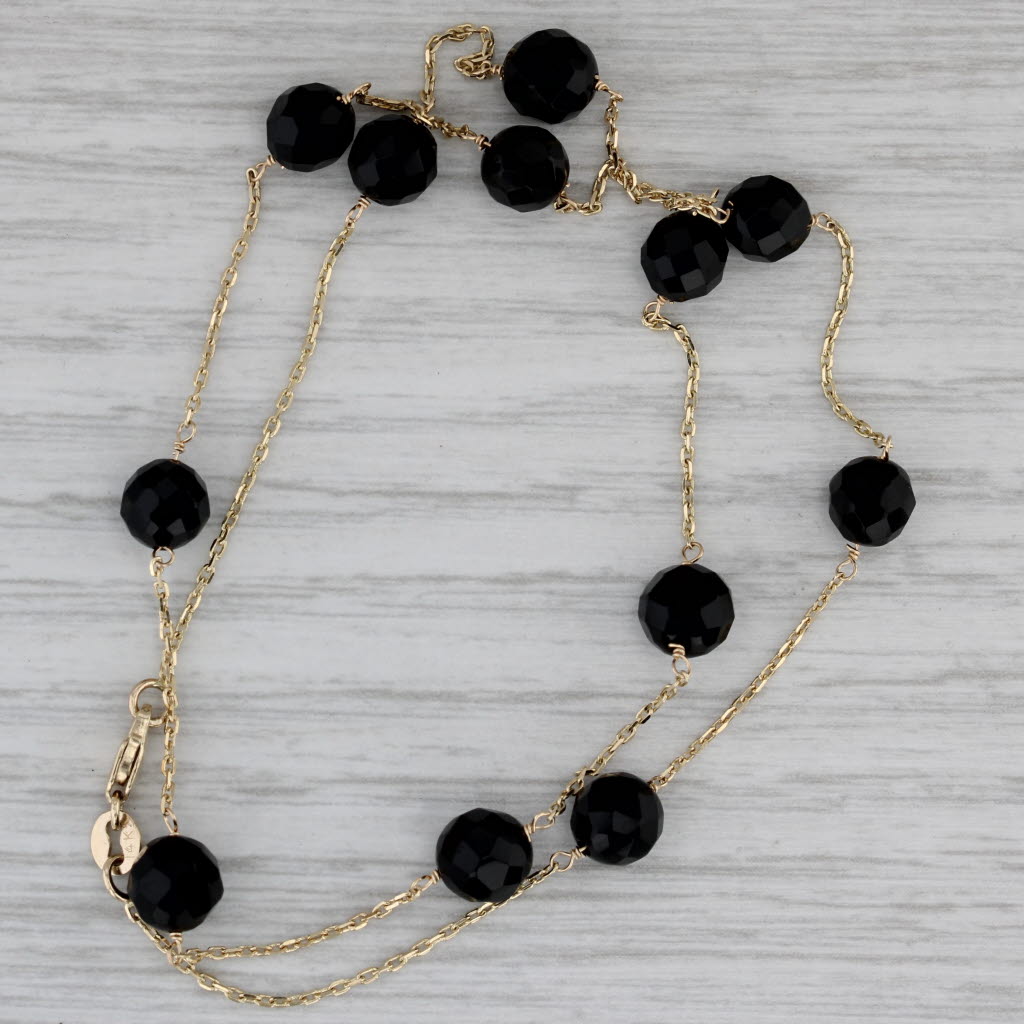 Gray Onyx Bead Station Necklace 14k Yellow Gold 16" Cable Chain